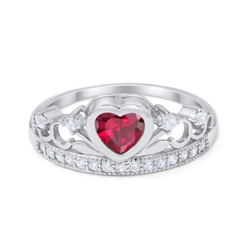 Heart Crown Ring Eternity Simulated Ruby CZ 925 Sterling Silver